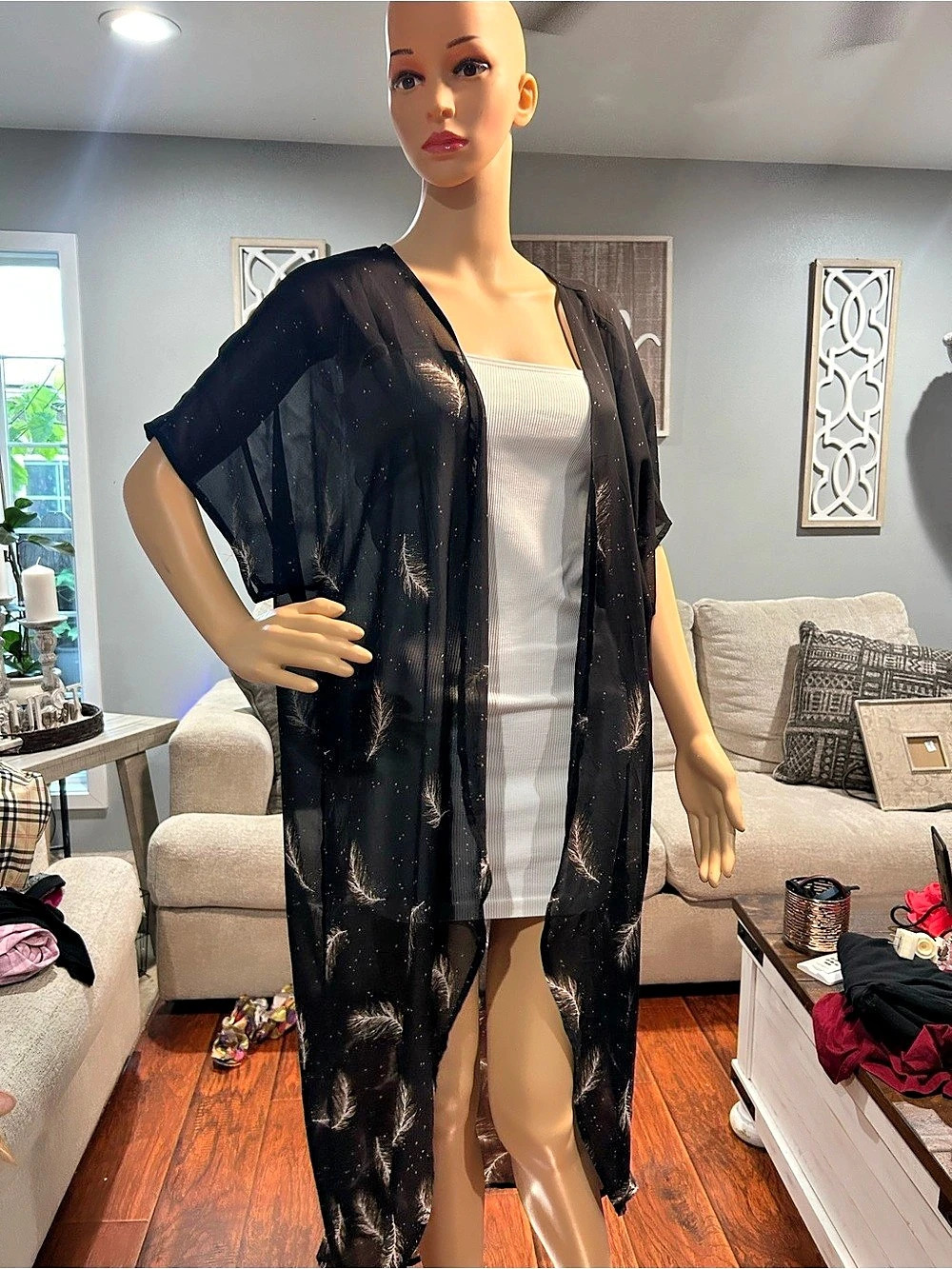 TORRID Black and Cream Feather Print Open Front Kimono Black & Gold Feather